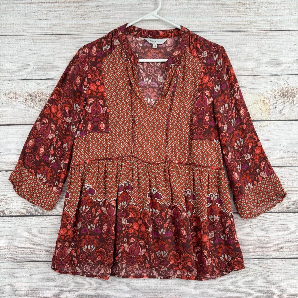 Ranna Gill Blouse Womens Medium‎ Red Boho Floral Peasant Bohemian Rayon Top